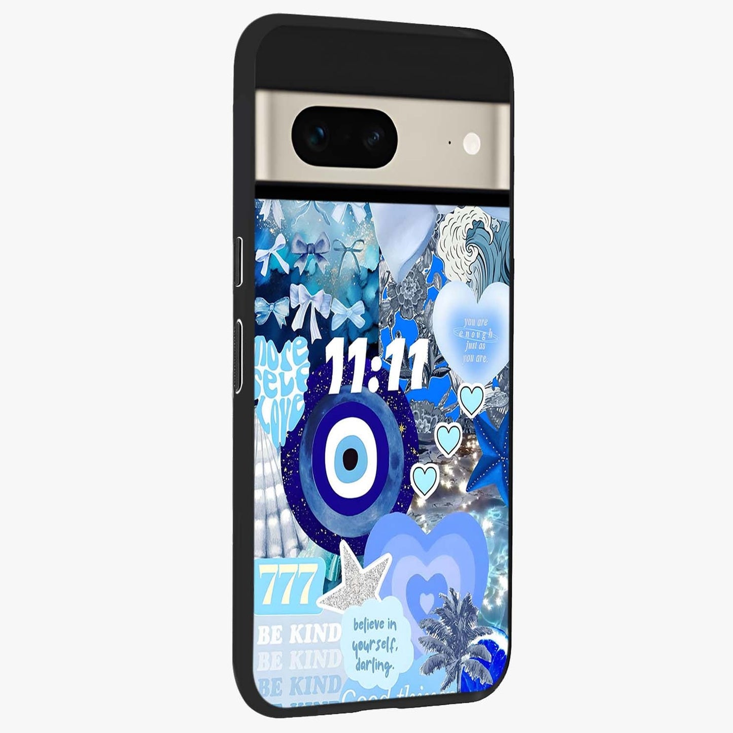 Aesthetic Be Kind Eye Glass Case upright view showcasing stylish eye illustration with positive message theme.