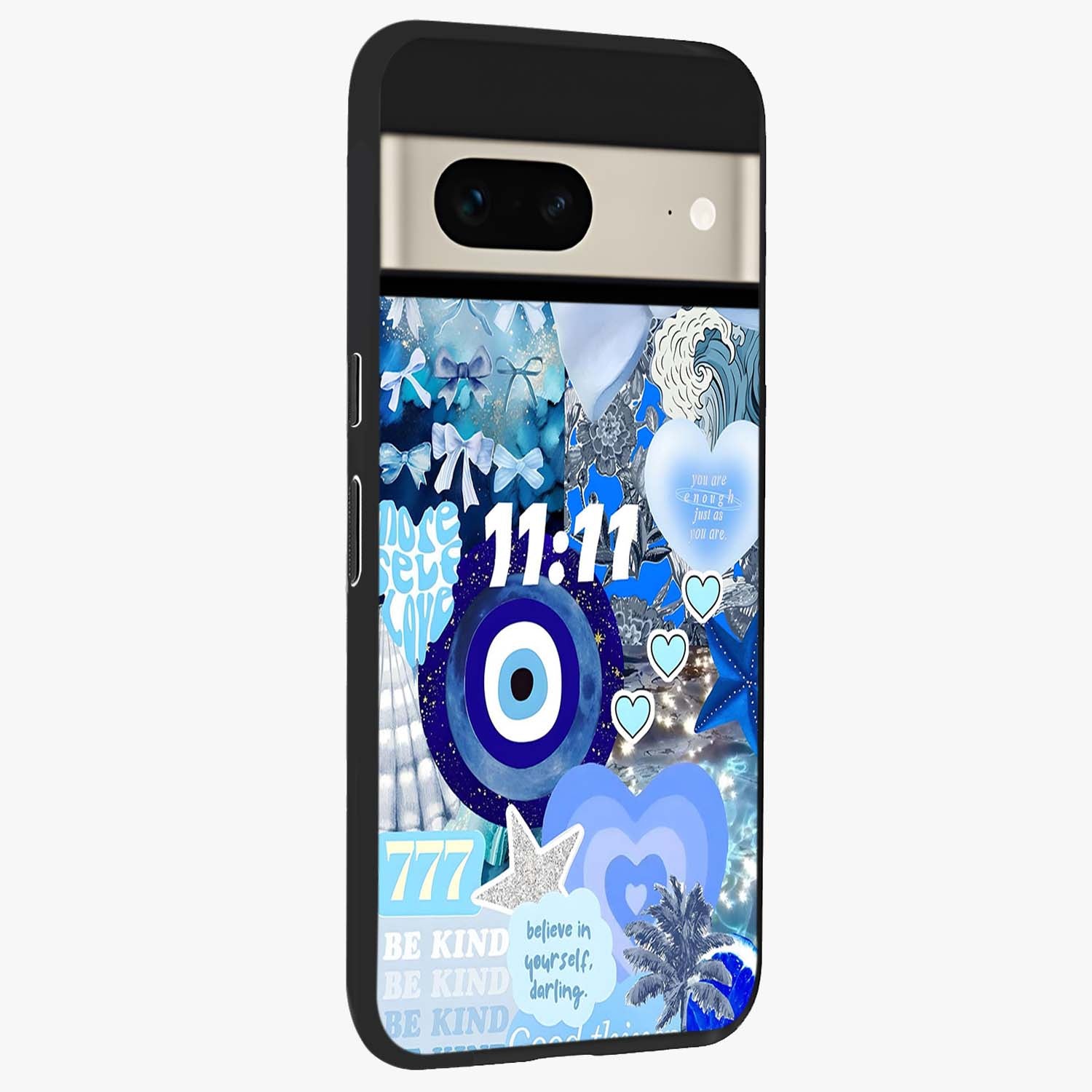 Aesthetic Be Kind Eye Glass Case upright view showcasing stylish eye illustration with positive message theme.