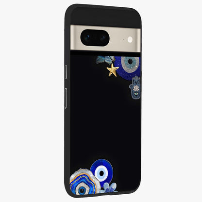 Aesthetic Blue Evil Eye Glass Case upright view showcasing mystical evil eye graphic with minimal aesthetic style.