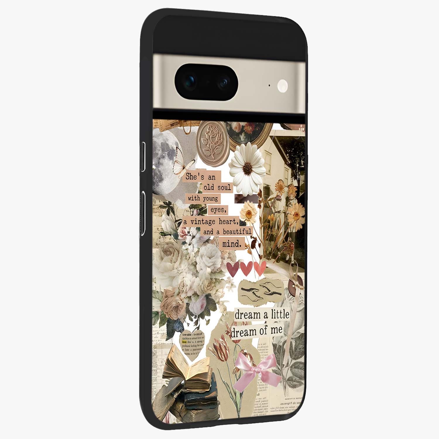 Aesthetic Brown Vintage Collage Glass Case upright view showcasing nostalgic retro artwork with stylish vintage theme.