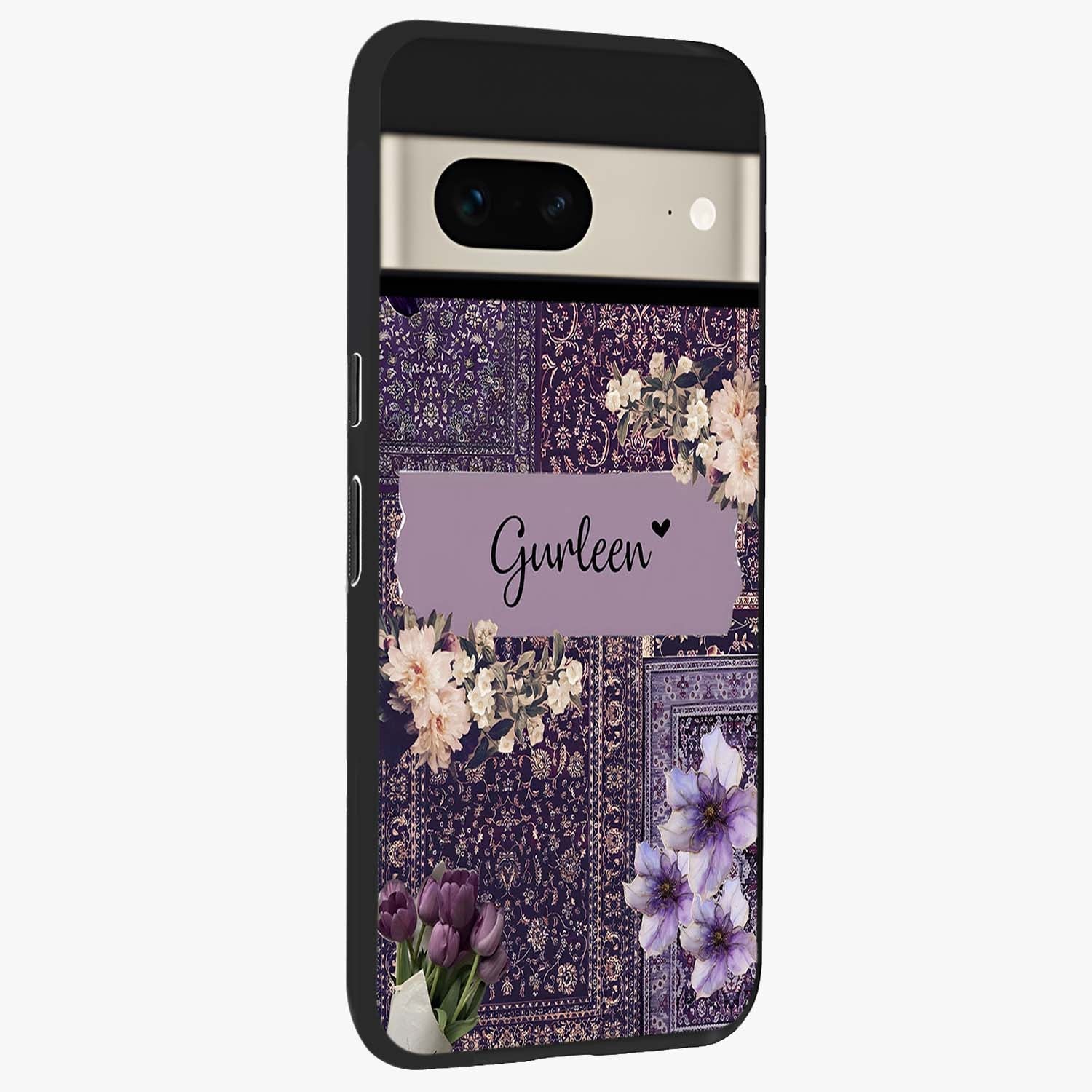 Antique Floral Whisper Custom Name Glass Case upright view showcasing delicate floral artwork with custom name feature.