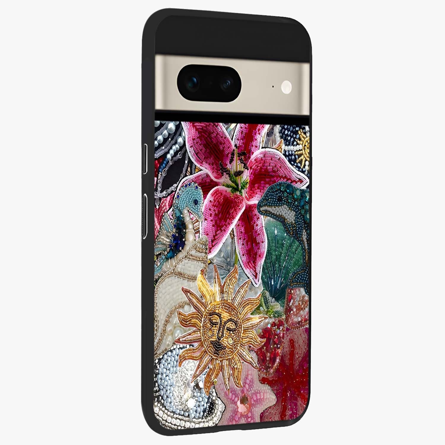 Beaded Garden Fantasy Glass Case upright view showcasing whimsical garden aesthetic with artistic bead details.