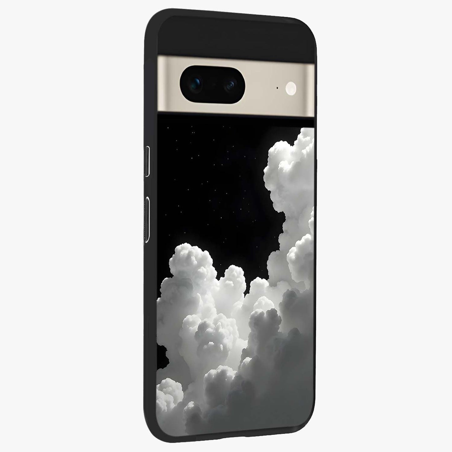 Black Background With White Cloud Glass Case upright view showcasing calm cloud aesthetic with modern minimal style.