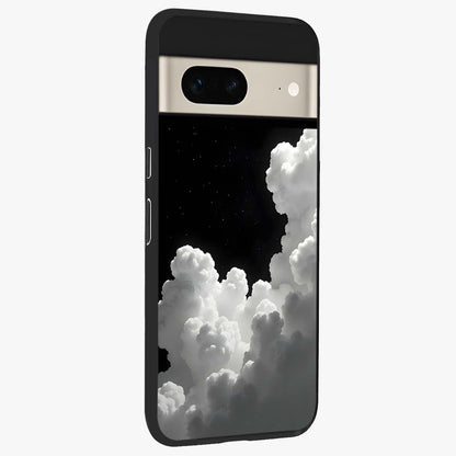 Black Background With White Cloud Glass Case upright view showcasing calm cloud aesthetic with modern minimal style.