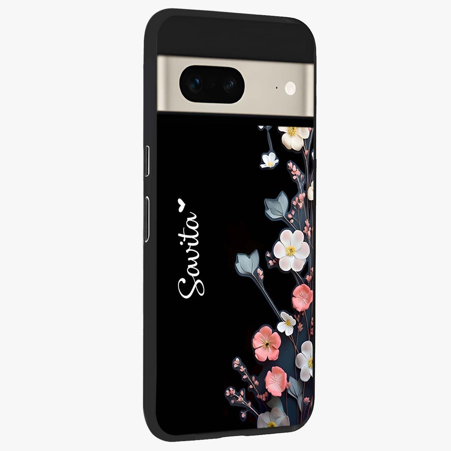 Black Elegance Floral Custom Name Glass Case upright view showcasing luxurious black floral design with personalized name detail.