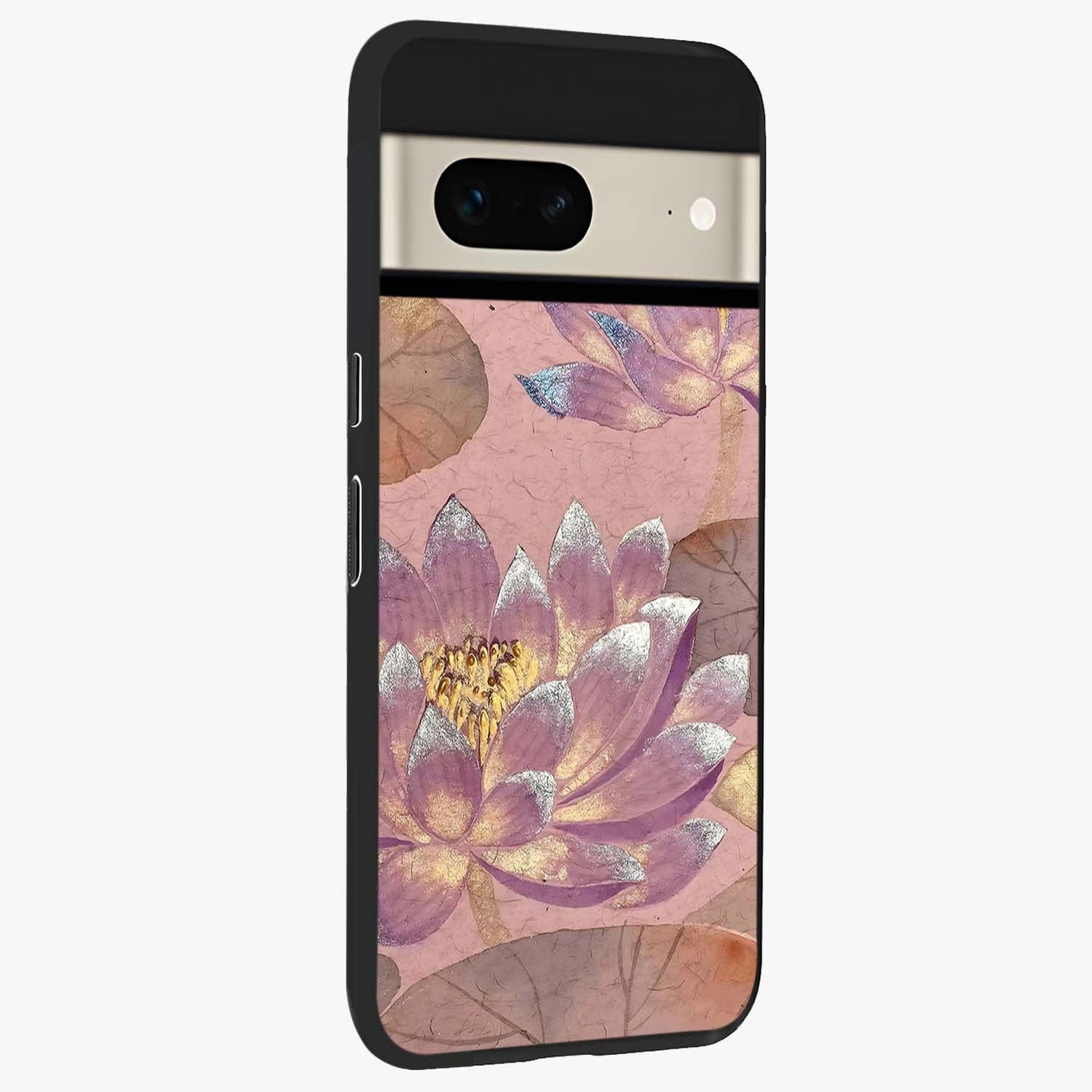 Blossom Mist Lotus Glass Case upright view showcasing graceful lotus flower design with peaceful botanical style.