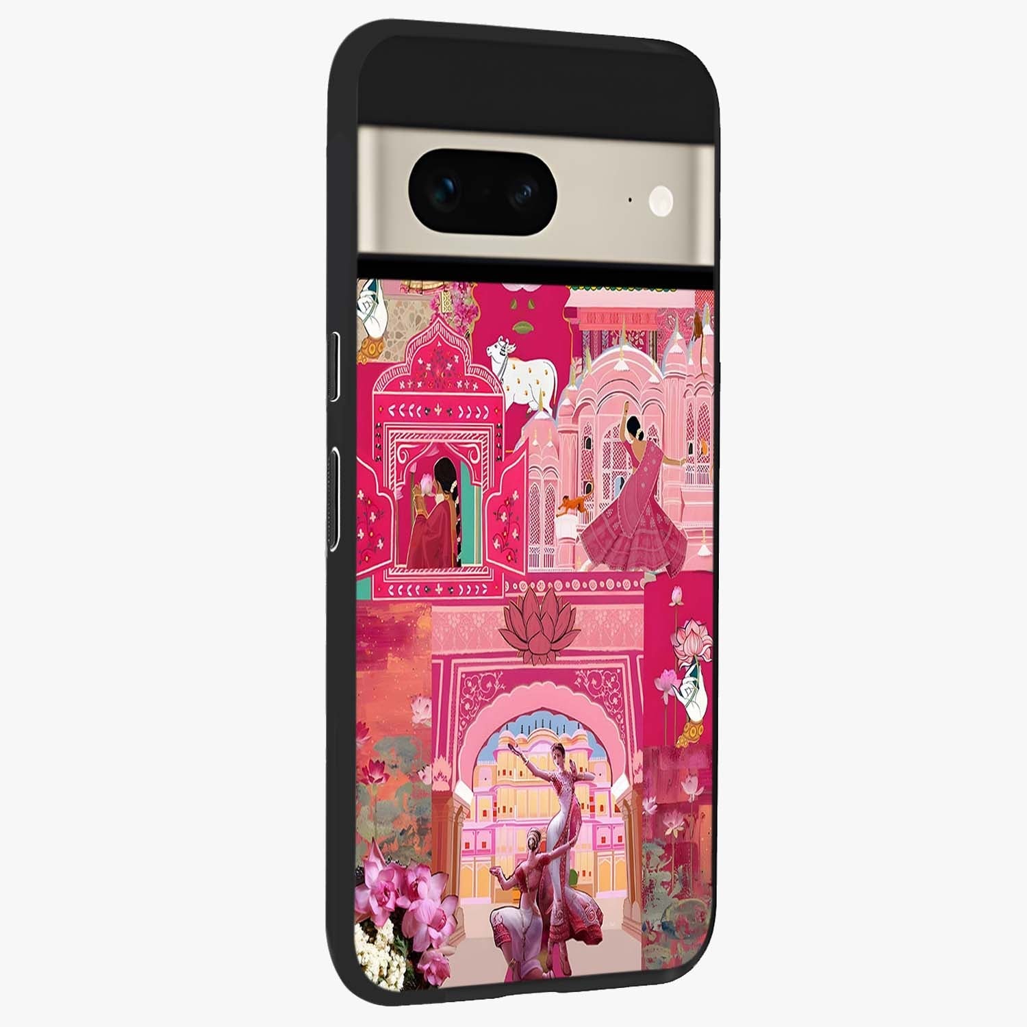Blossoms of Rajasthan Glass Case upright view showcasing colorful floral design inspired by traditional Indian art.