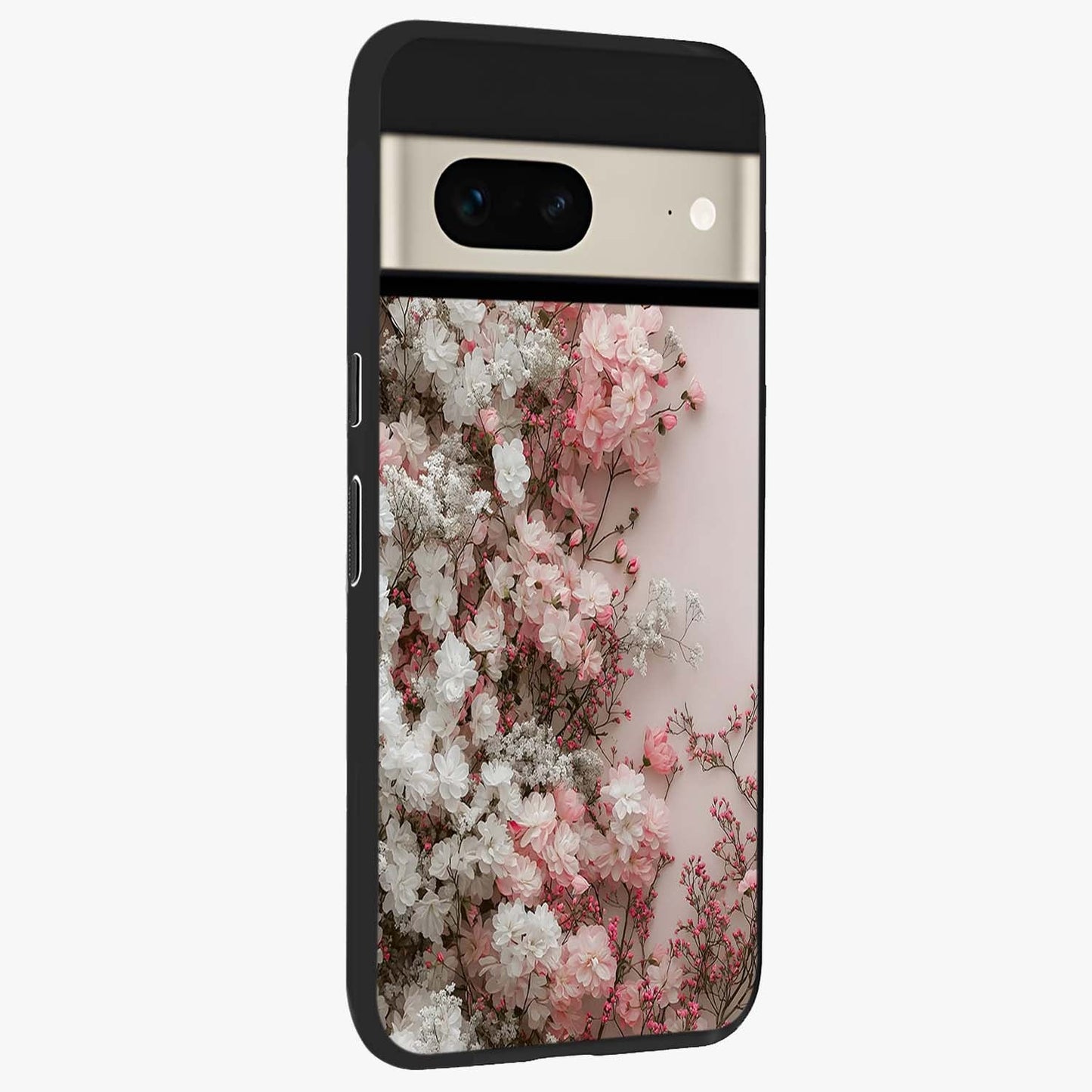 Blush Blossom Cloud Glass Case upright view showcasing calm floral cloud artwork with gentle dreamy theme.
