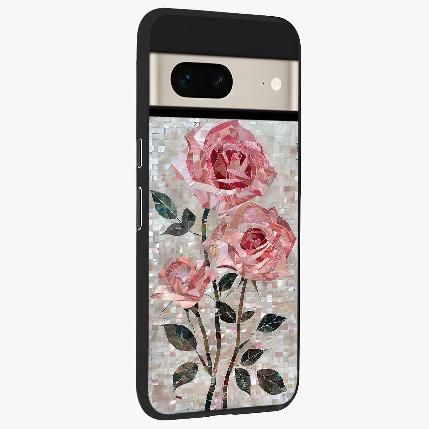 Blush Mosaic Bloom Glass Case upright view showcasing decorative floral mosaic artwork with stylish modern aesthetic.