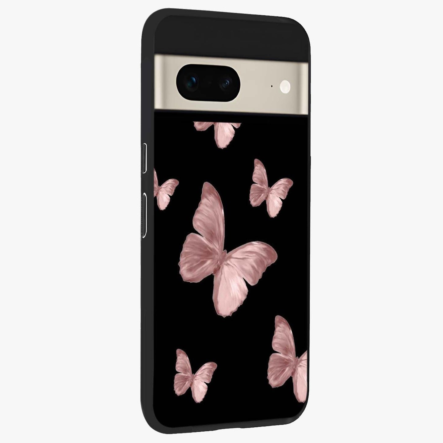 Butterfly Pattern Glass Case upright view showcasing graceful butterfly artwork with soft decorative theme.