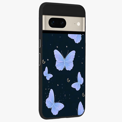 Butterfly With Stars Pattern Glass Case upright view showcasing celestial butterfly artwork with sparkling star elements.