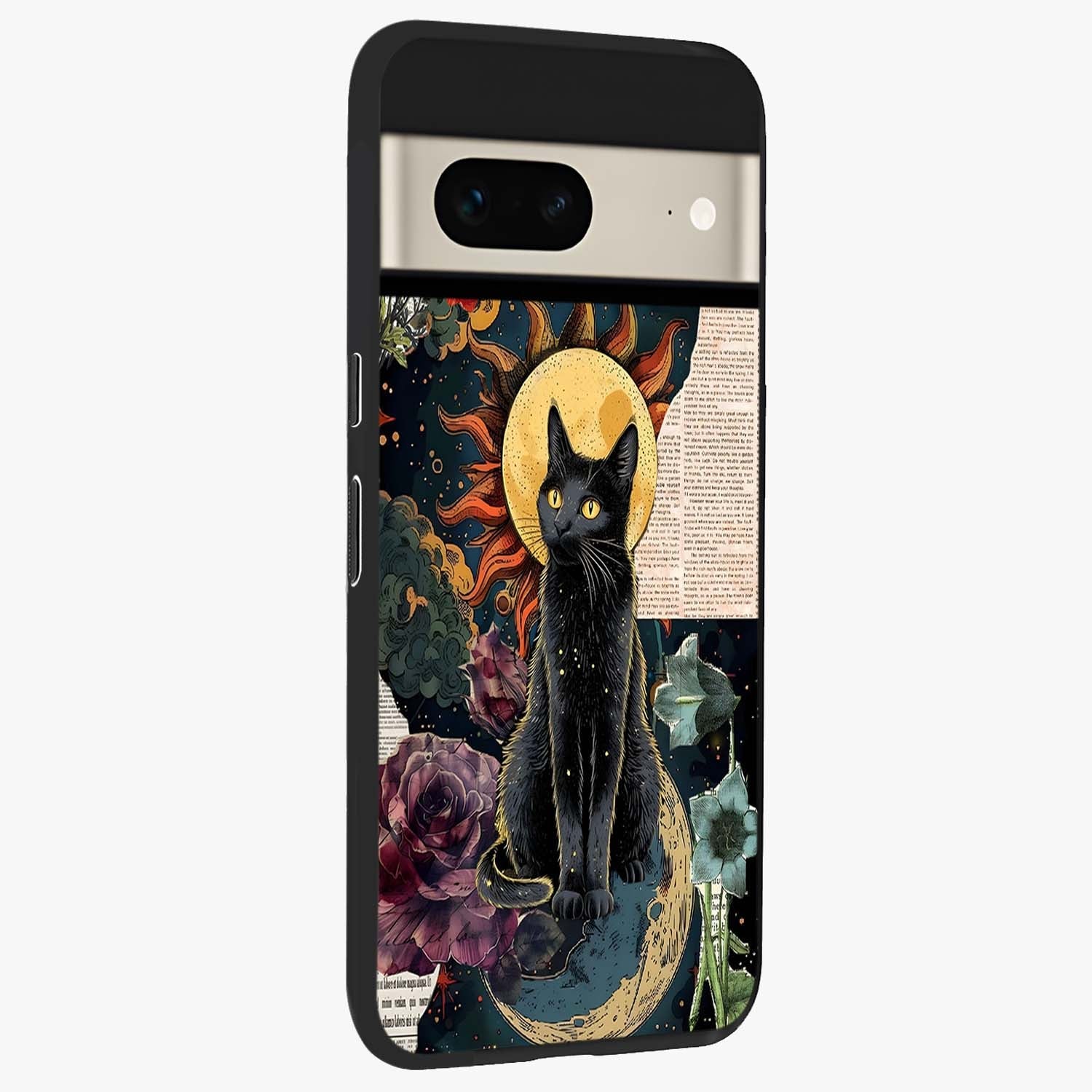 Celestial Black Cat Glass Case upright view showcasing magical black cat illustration with starry cosmic theme.