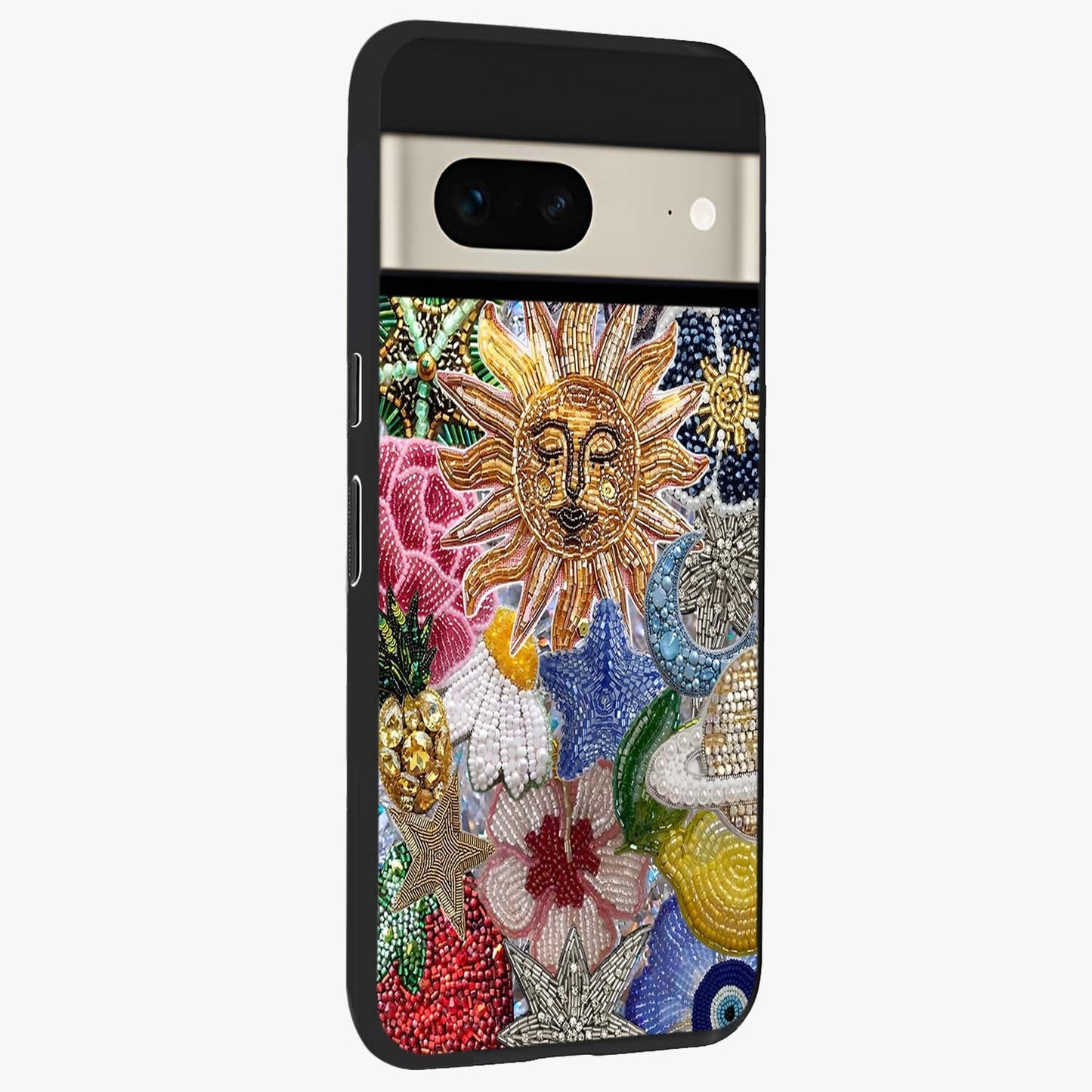 Celestial Floral and Playful Glass Case upright view showcasing whimsical floral artwork with cosmic aesthetic theme.