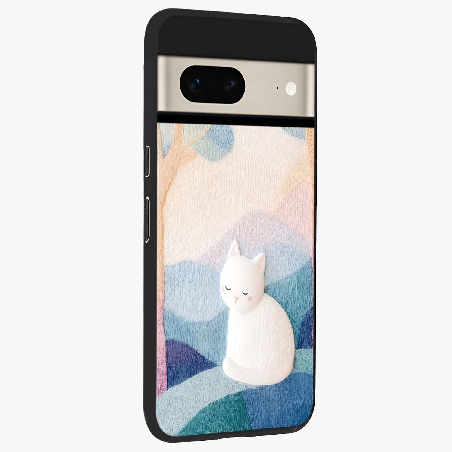 Cotton Dream Cat Glass Case upright view showcasing charming cat artwork with cozy dreamy theme.
