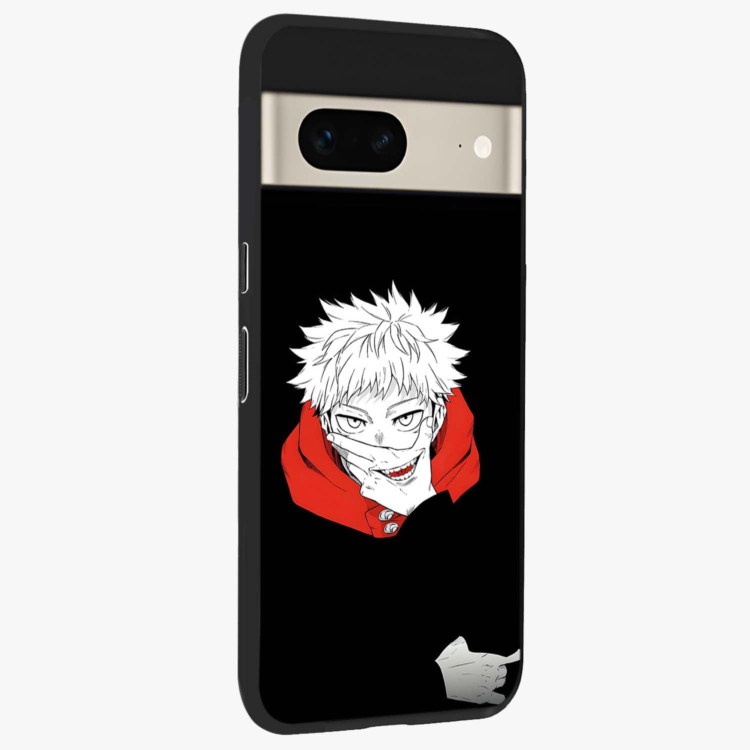 Crimson Chaos Smile Glass Case upright view showcasing expressive chaotic artwork with striking visual theme.