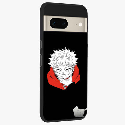 Crimson Chaos Smile Glass Case upright view showcasing expressive chaotic artwork with striking visual theme.