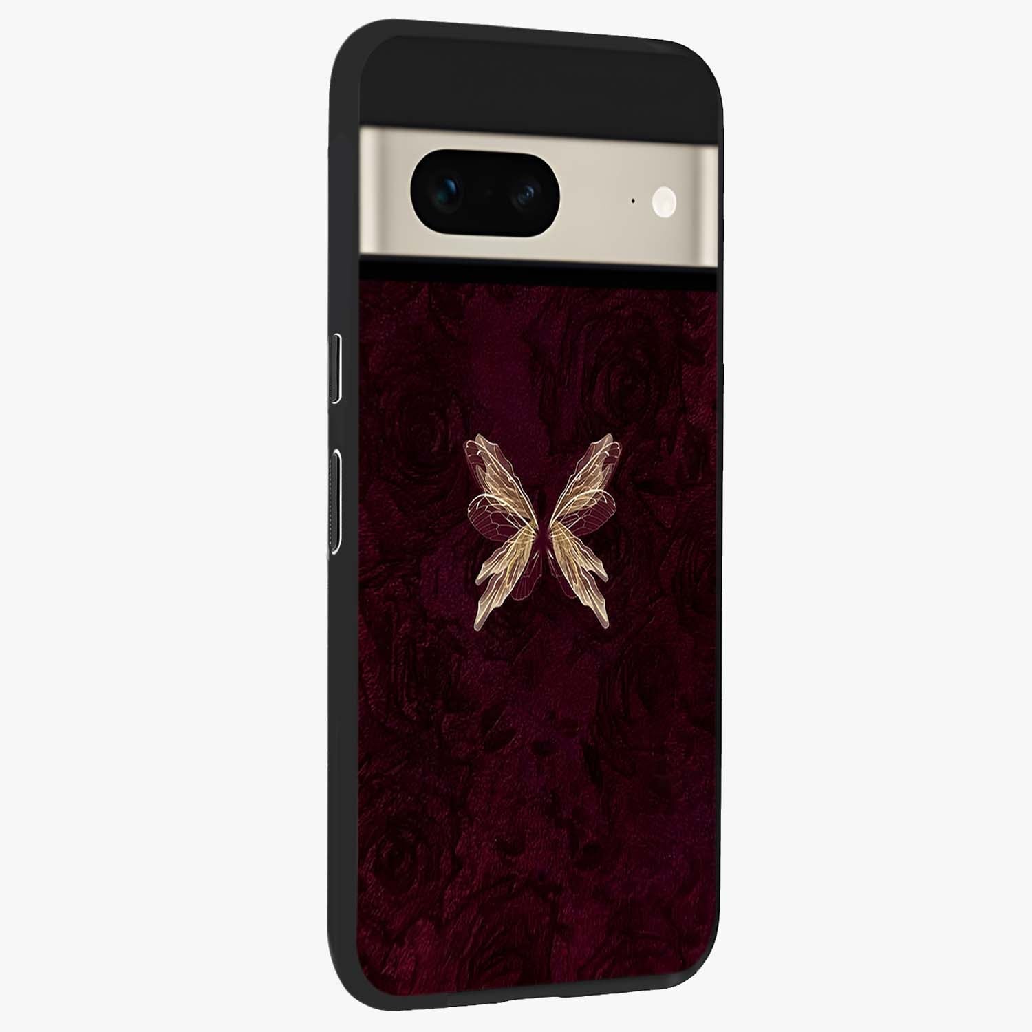 Crimson Fade Butterfly Glass Case upright view showcasing graceful butterfly artwork with soft crimson fade effect.