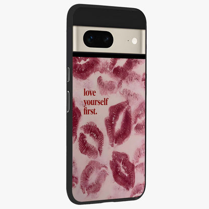 Crimson Kiss Love Glass Case upright view showcasing expressive romantic artwork with deep crimson theme.