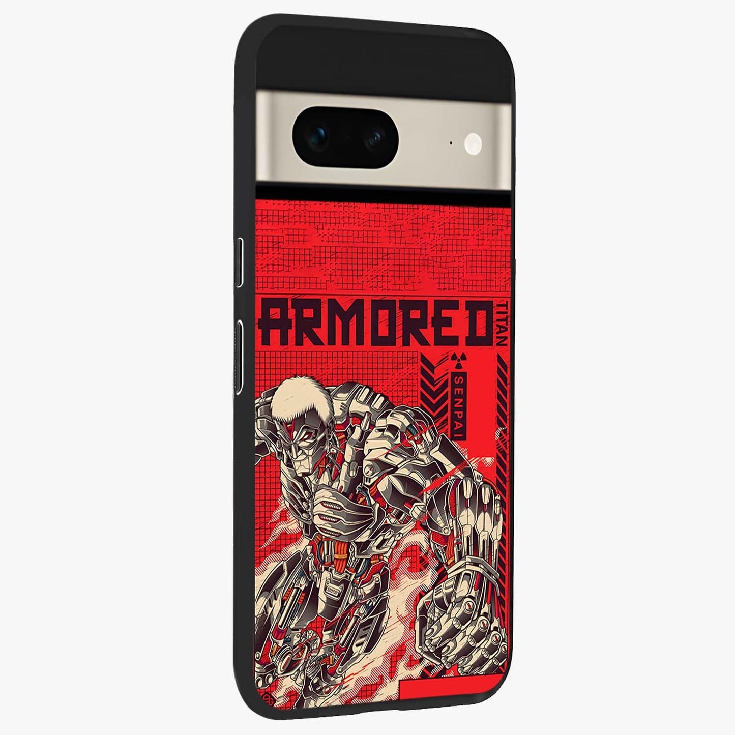 Crimson Mecha Titan Glass Case upright view showcasing dynamic robotic titan design with sci-fi inspired theme.