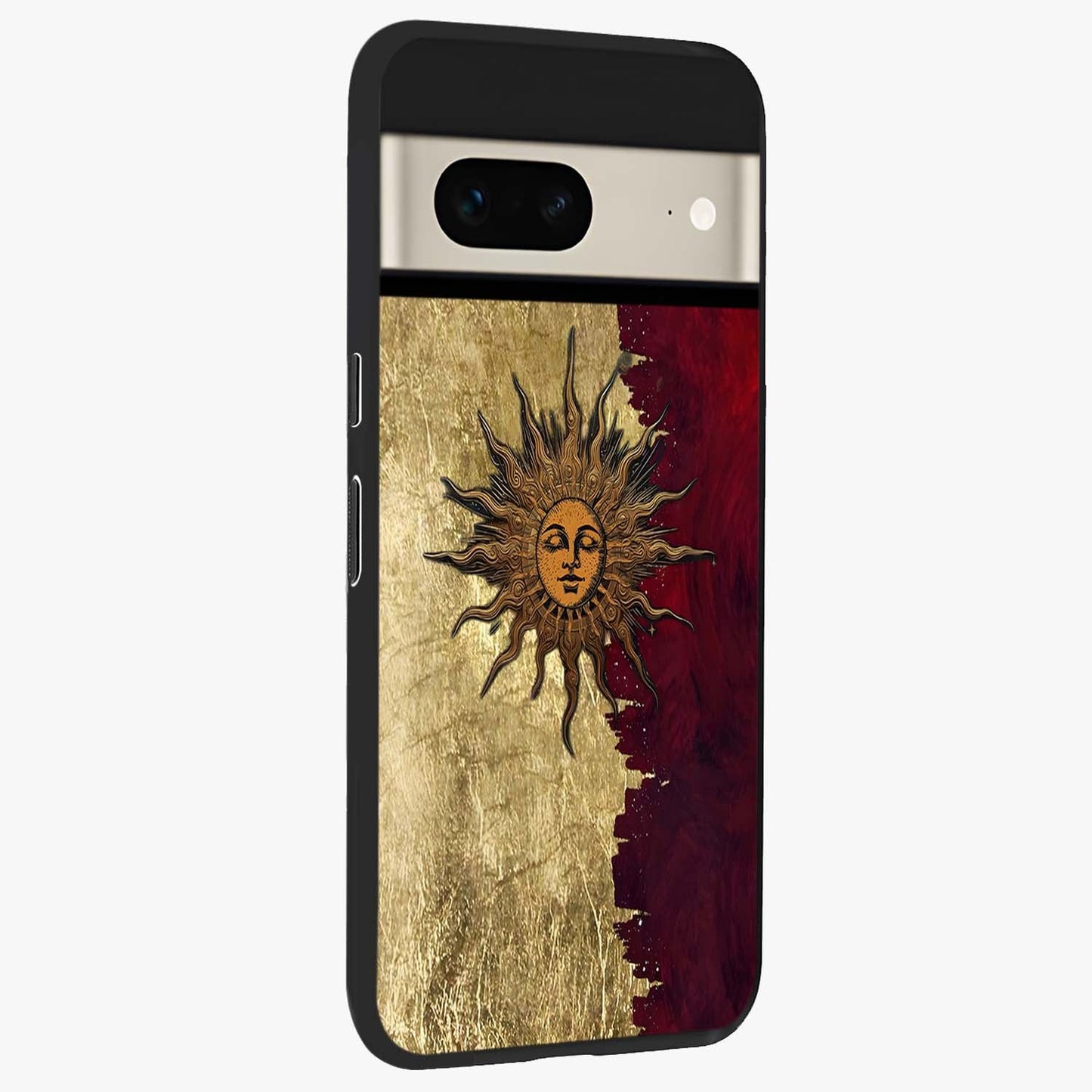 Crimson Sun Majesty Glass Case upright view showcasing vibrant sun artwork with powerful celestial theme.