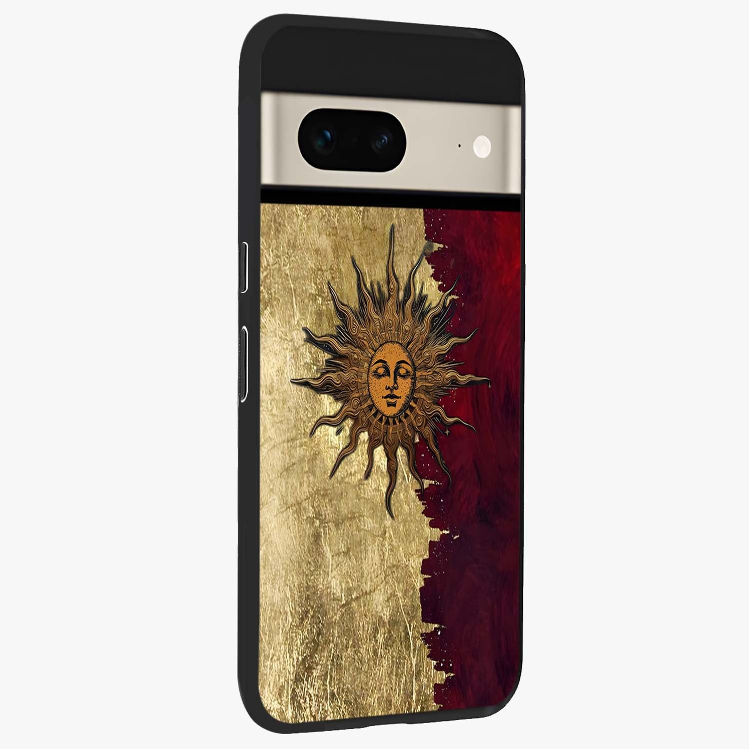 Crimson Sun Majesty Glass Case upright view showcasing vibrant sun artwork with powerful celestial theme.
