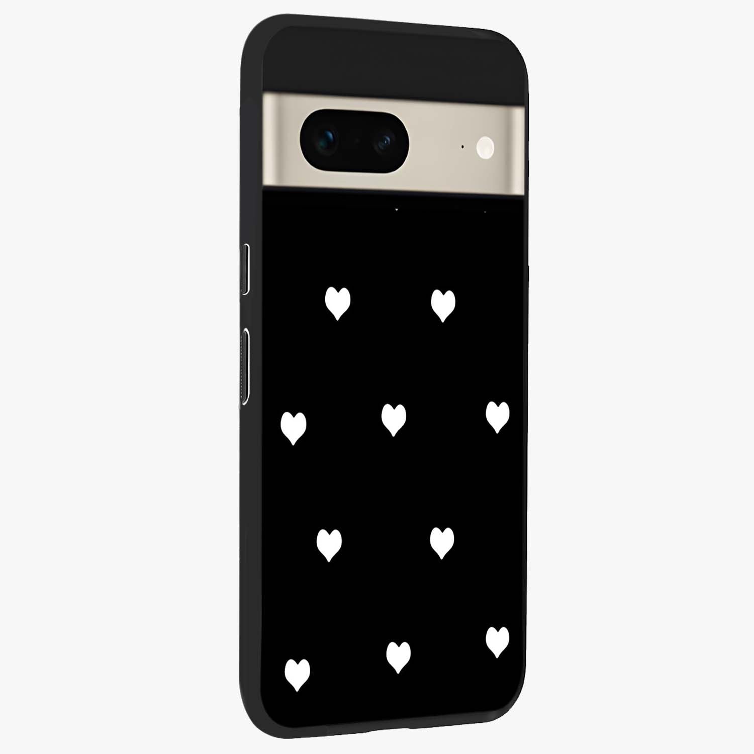 Cute And Simple White Hearts Glass Case upright view showcasing simple white hearts artwork with soft minimal theme.