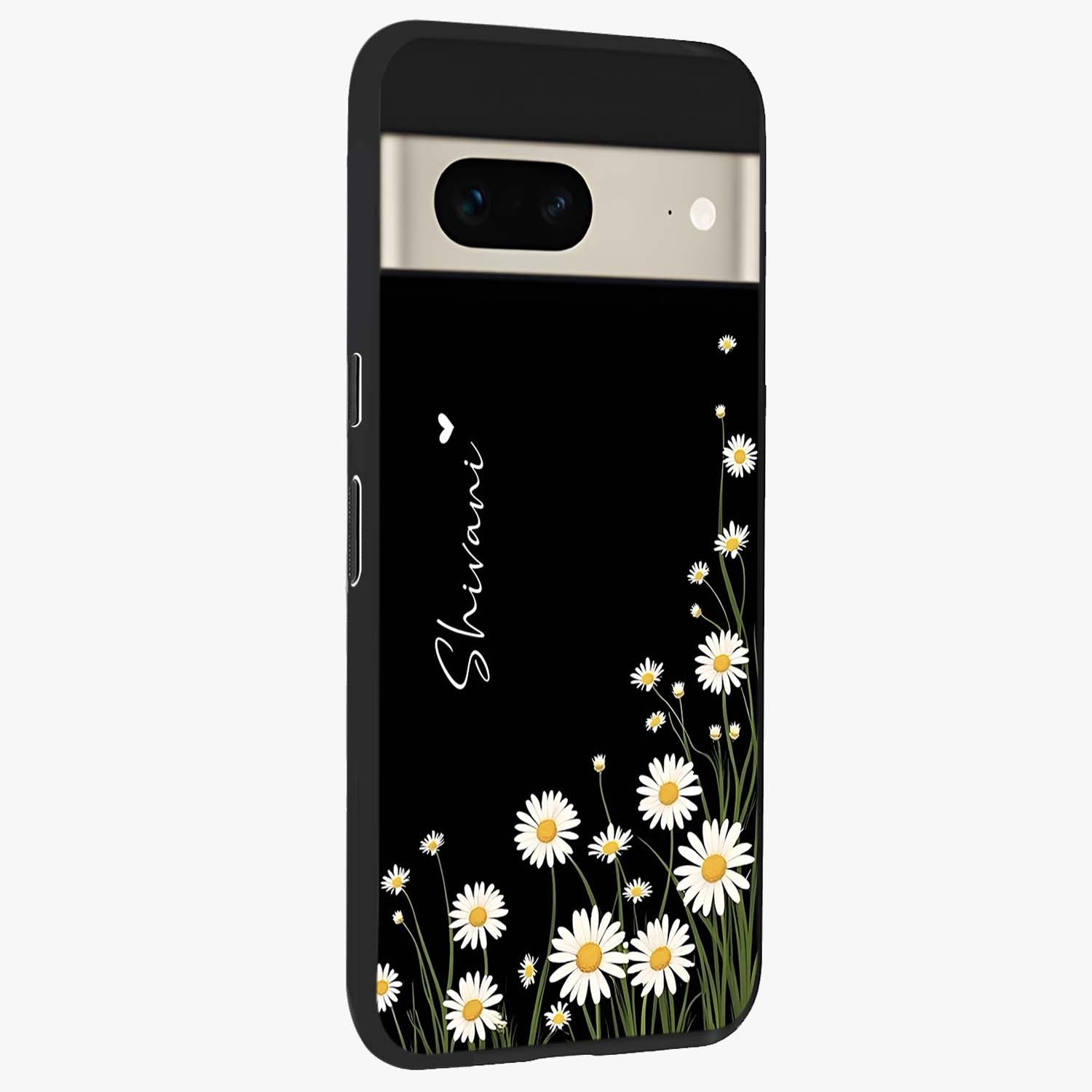 Daisy Cascade Custom Name Glass Case upright view showcasing elegant floral cascade design with personalized aesthetic.
