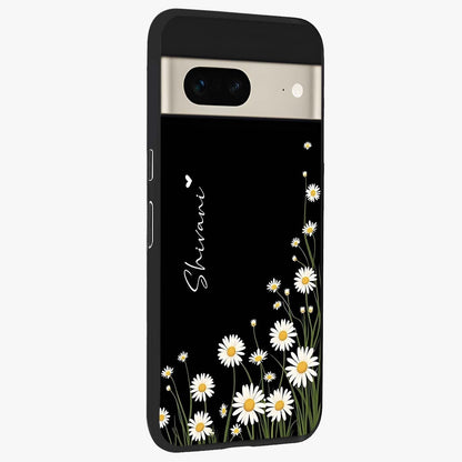 Daisy Cascade Custom Name Glass Case upright view showcasing elegant floral cascade design with personalized aesthetic.