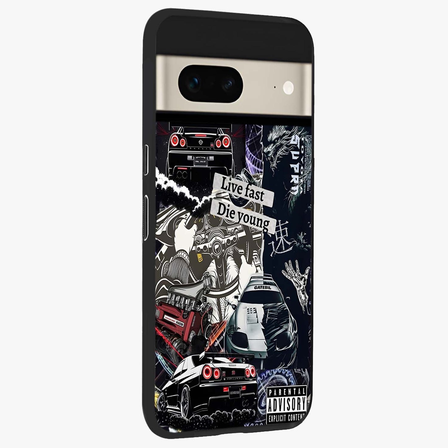 Die Young Glass Case upright view showcasing striking typography artwork with modern statement theme.