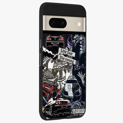 Die Young Glass Case upright view showcasing striking typography artwork with modern statement theme.