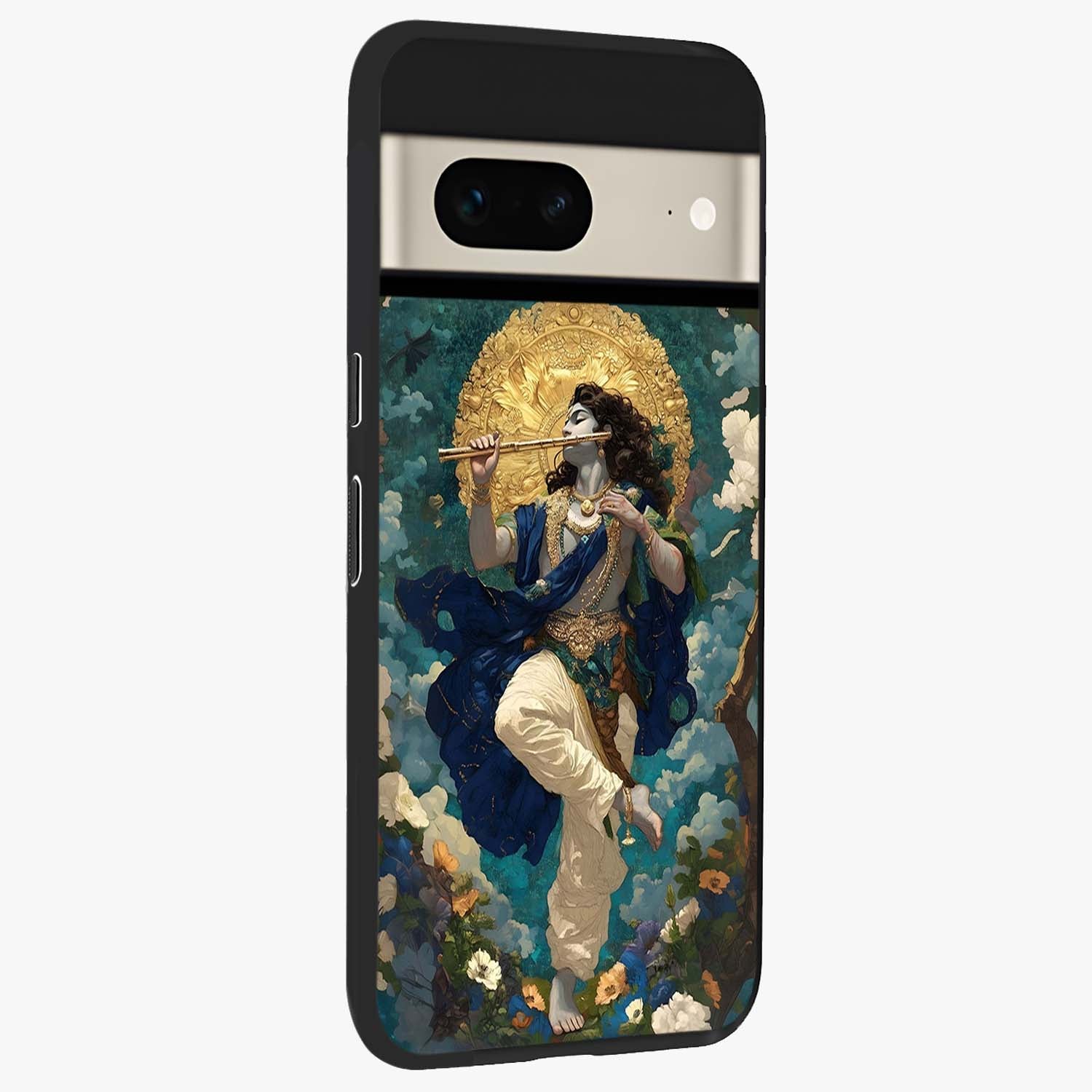 Divine Krishna Art Glass Case upright view showcasing divine Krishna artwork with sacred artistic theme.