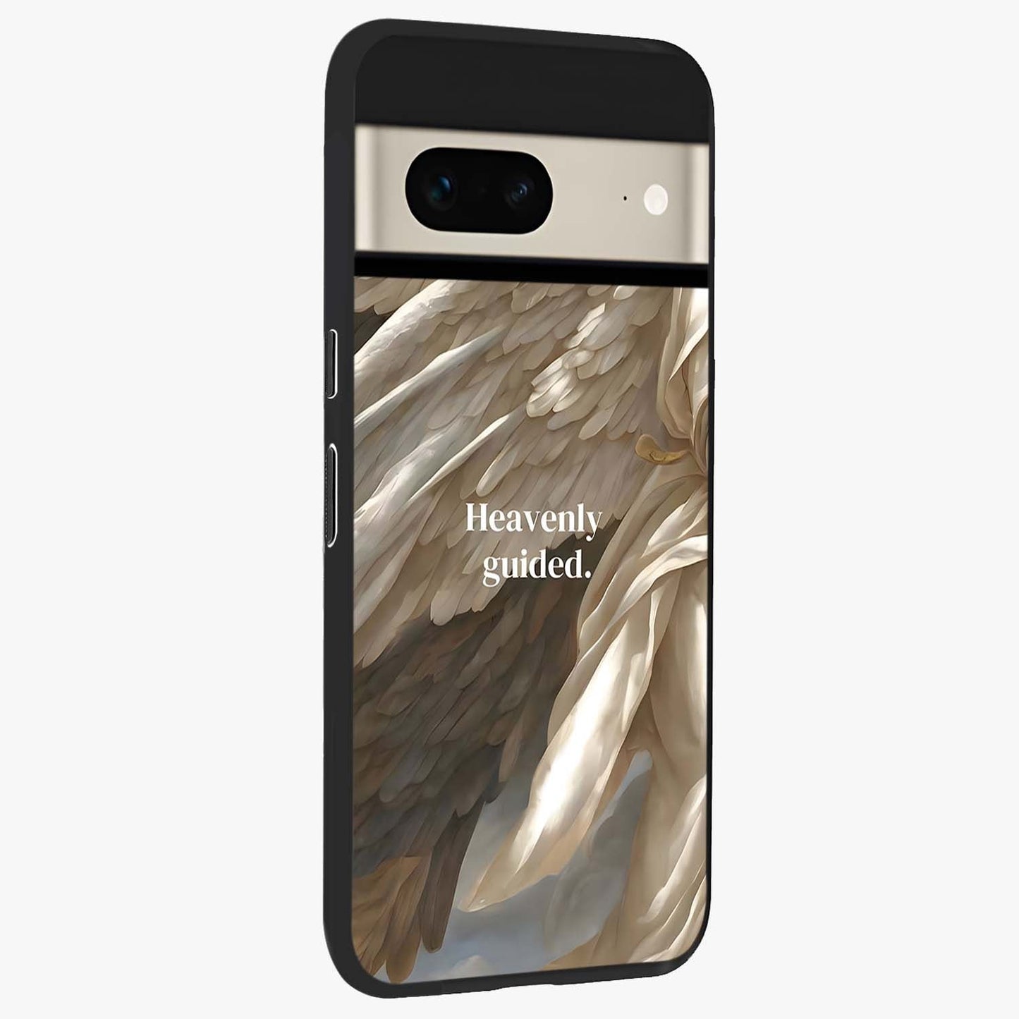 Divine Winged Grace Glass Case upright view showcasing spiritual wing artwork with soft celestial theme.