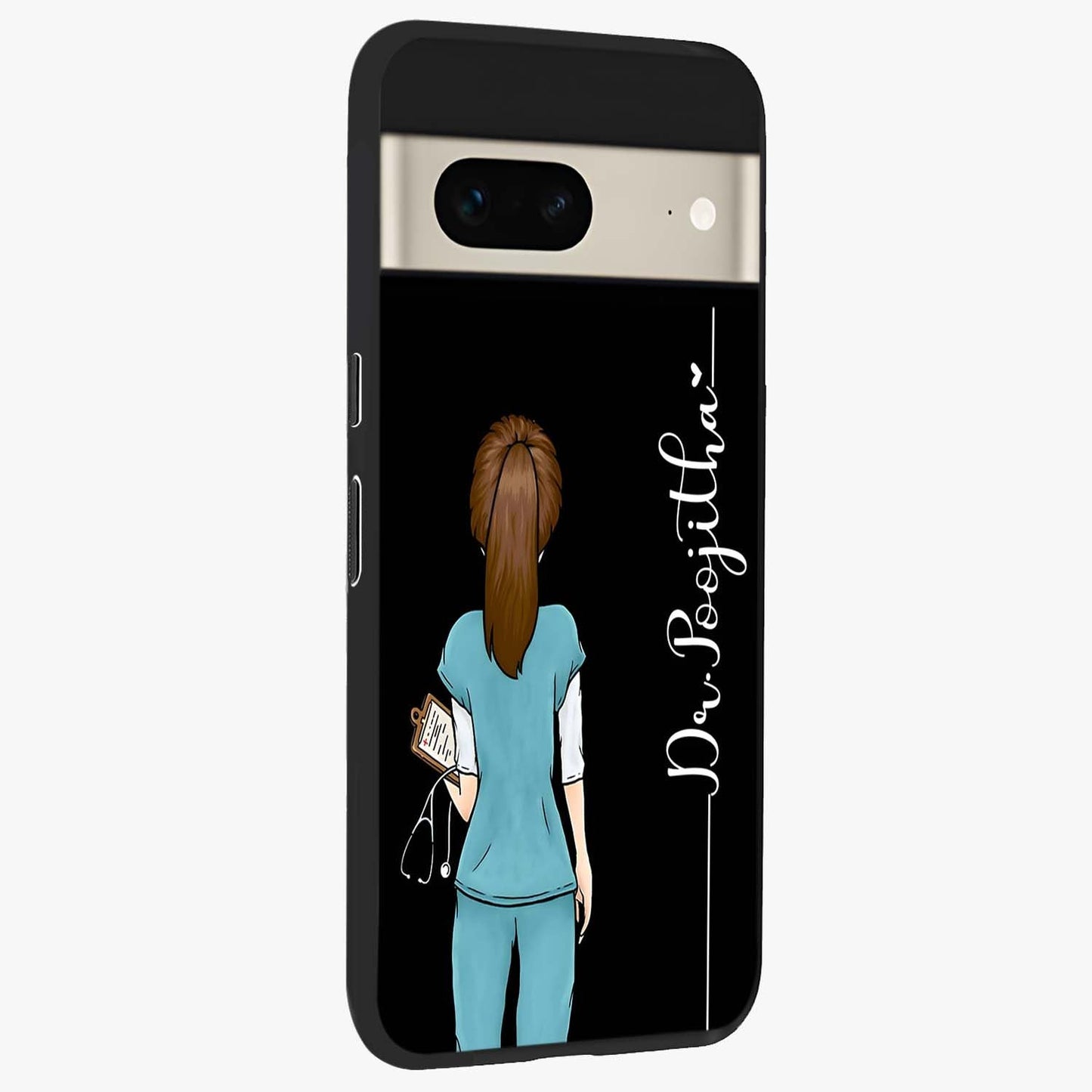 Doctor Pattern Custom Name Glass Case upright view showcasing healthcare themed design with personalized aesthetic.