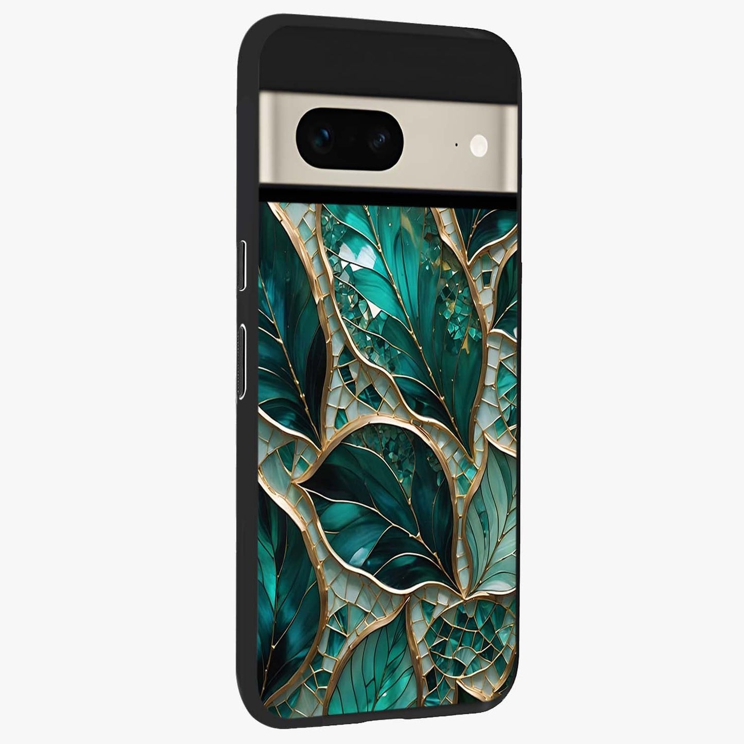 Emerald Leaf Glass Glass Case upright view showcasing fresh green leaf artwork with calming nature inspired style.