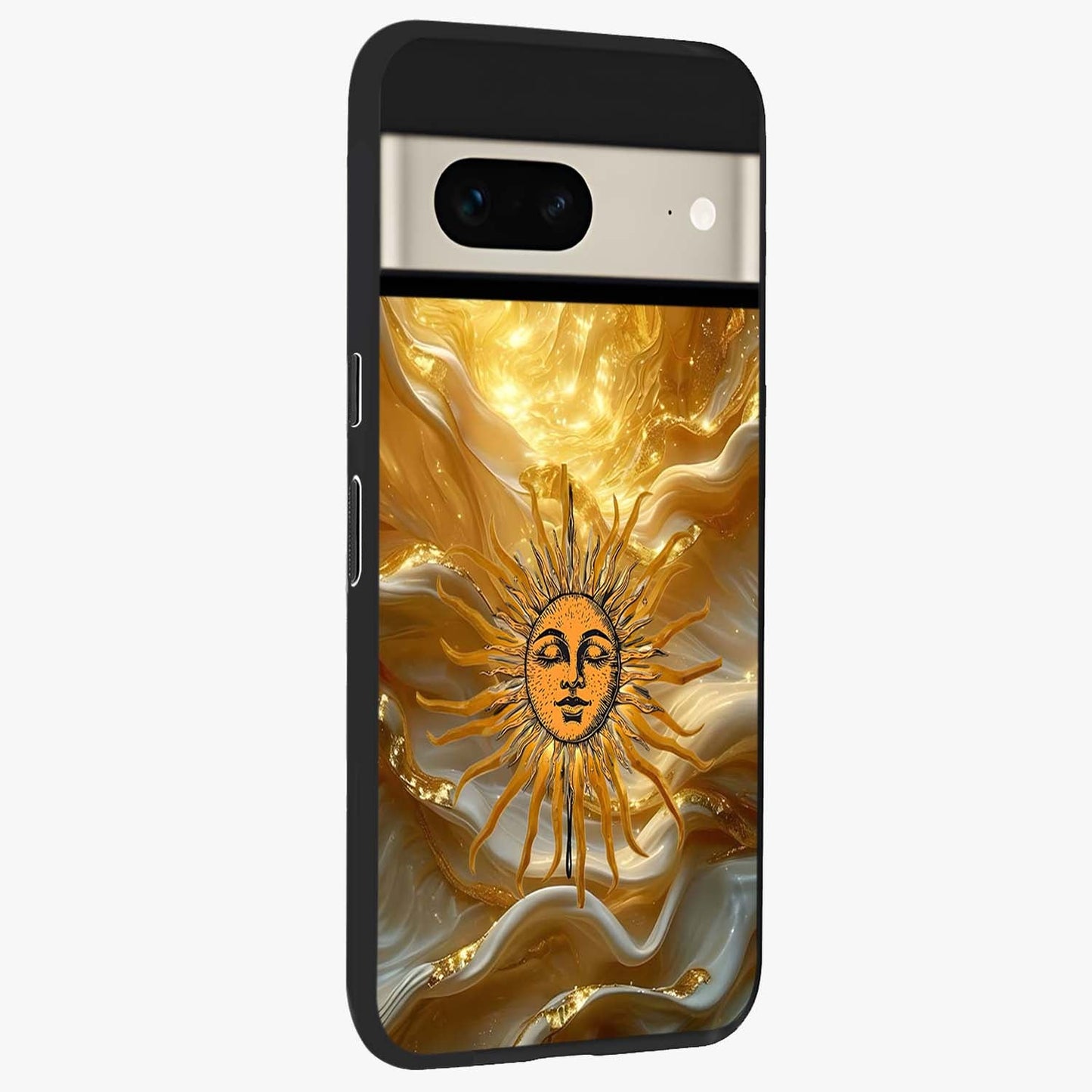 Eternal Golden Glow Glass Case upright view showcasing luminous golden artwork with luxurious visual theme.