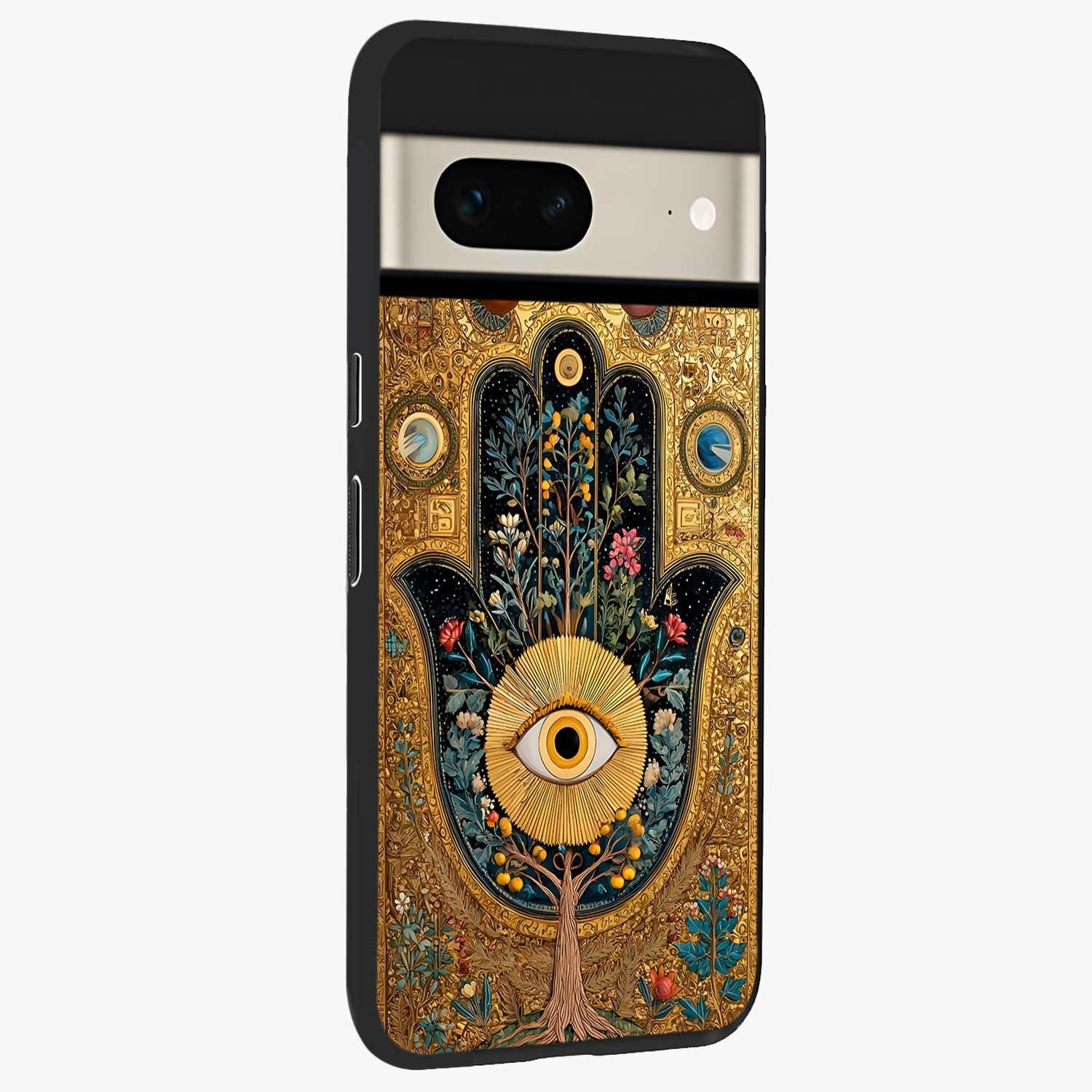 Ethereal Evil Eye Glass Case upright view showcasing celestial evil eye artwork with mystical theme.