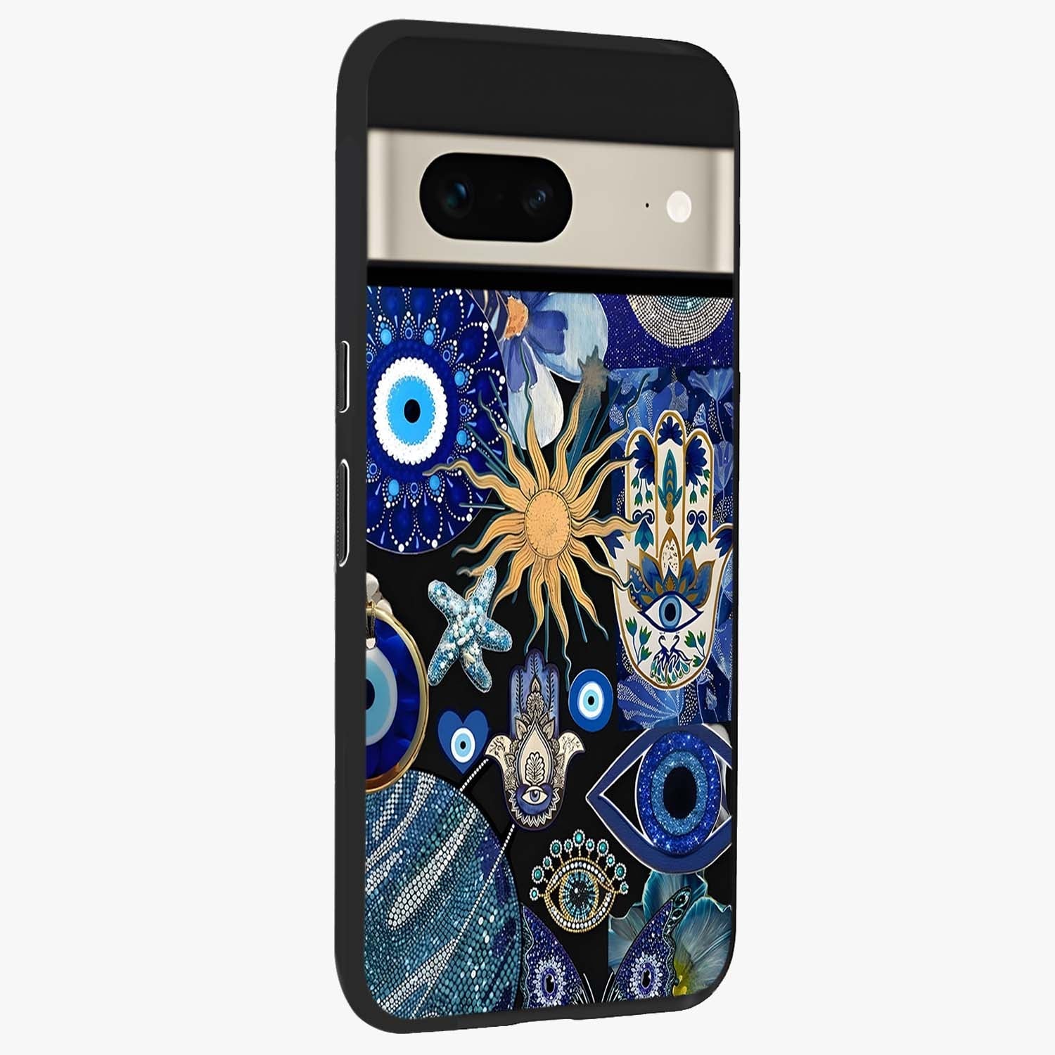 Evil Eye Charm Mix Glass Case upright view showcasing mystical evil eye pattern with vibrant decorative style.