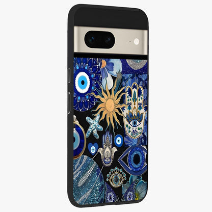 Evil Eye Charm Mix Glass Case upright view showcasing mystical evil eye pattern with vibrant decorative style.
