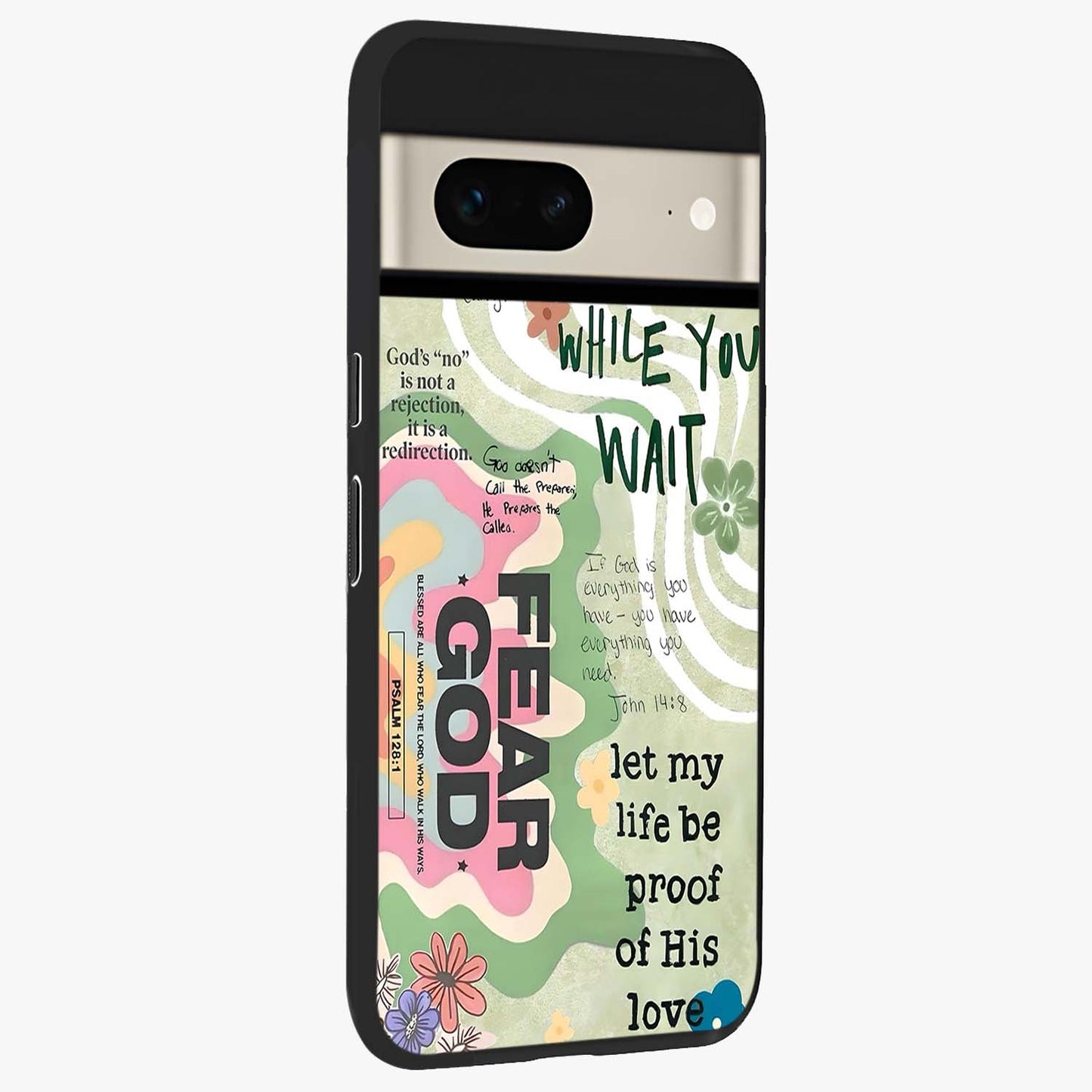 Faith Over Fear Glass Case upright view showcasing bold typography artwork with uplifting motivational theme.