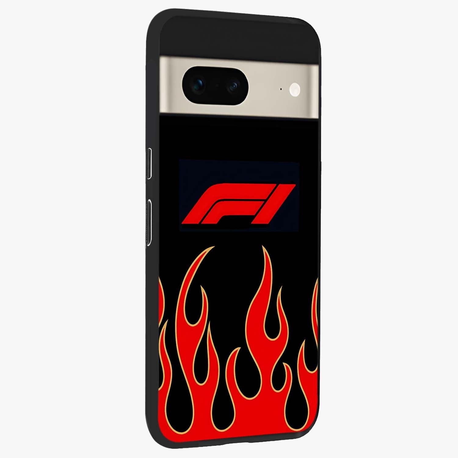 Fire F11 Glass Case upright view showcasing dynamic flame artwork with intense visual theme.