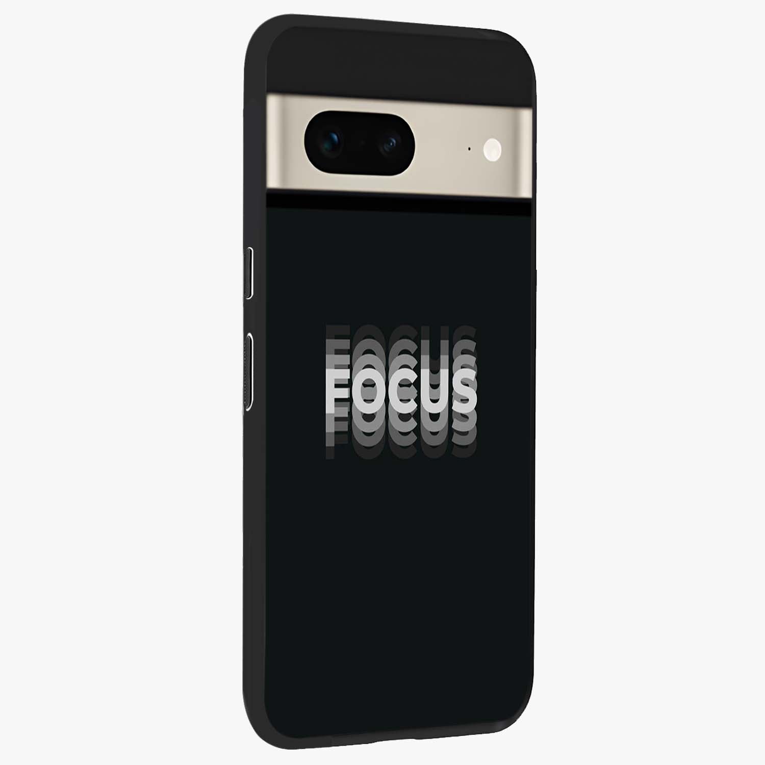 Focus Mode On Glass Case upright view showcasing strong typography statement with sleek motivational theme.