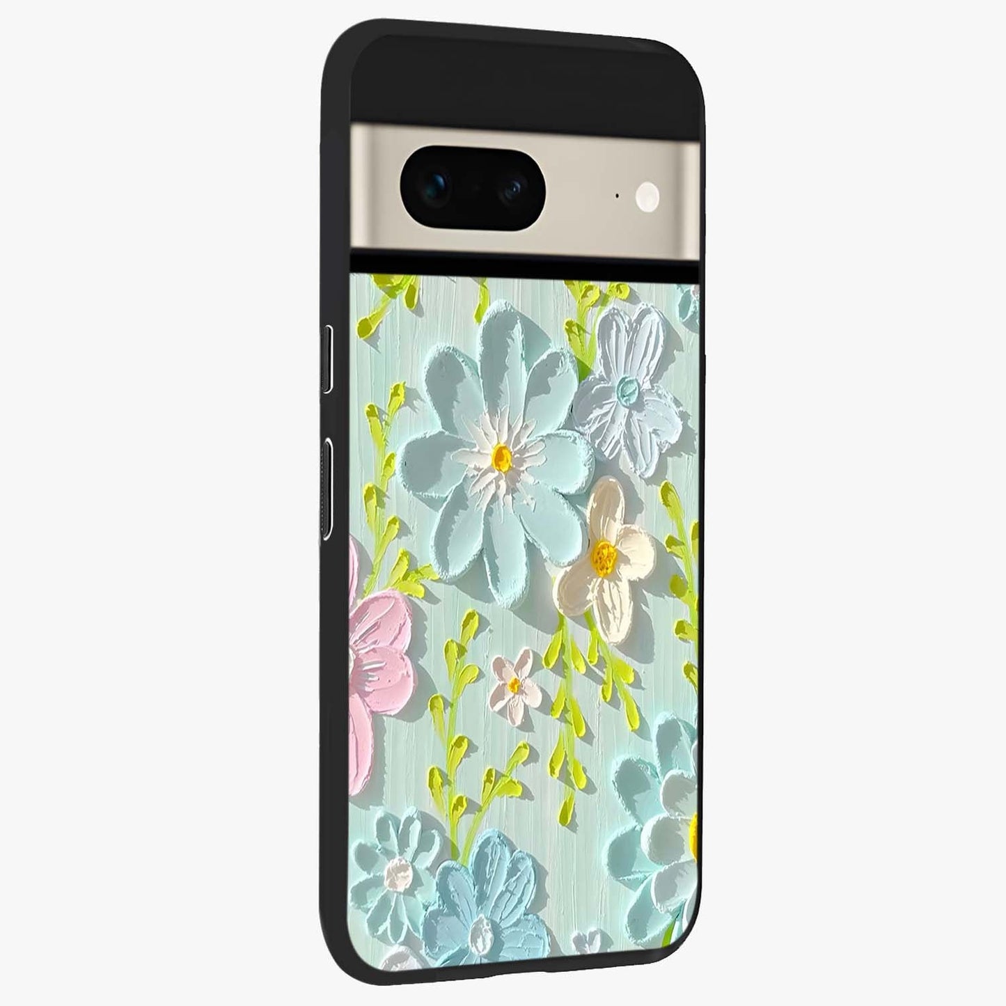 Frosted Petal Garden Glass Case upright view showcasing elegant floral garden artwork with soothing pastel theme.