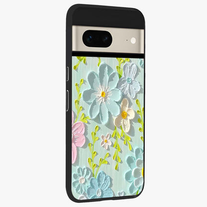 Frosted Petal Garden Glass Case upright view showcasing elegant floral garden artwork with soothing pastel theme.