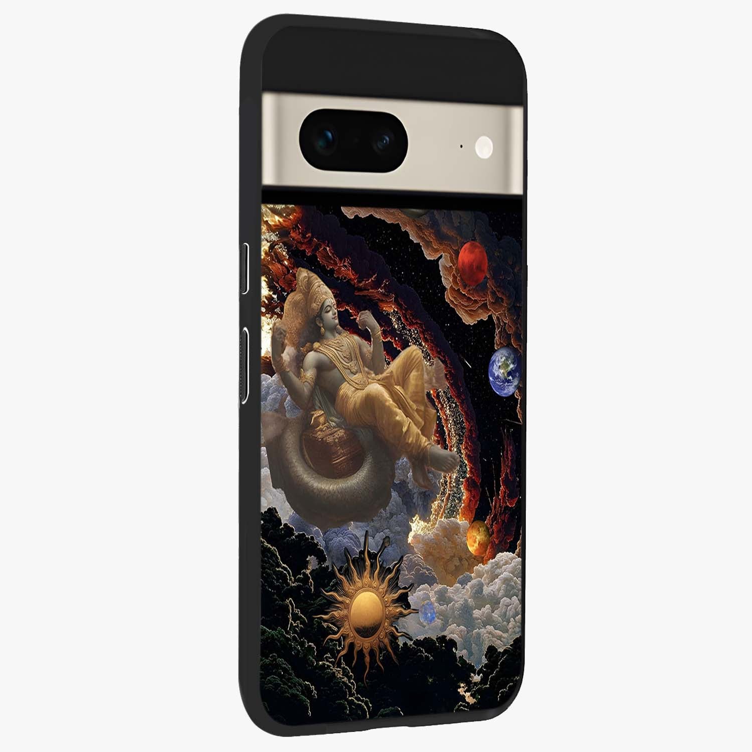 Galactic Divine God Glass Case upright view showcasing mystical divine artwork with dramatic cosmic theme.