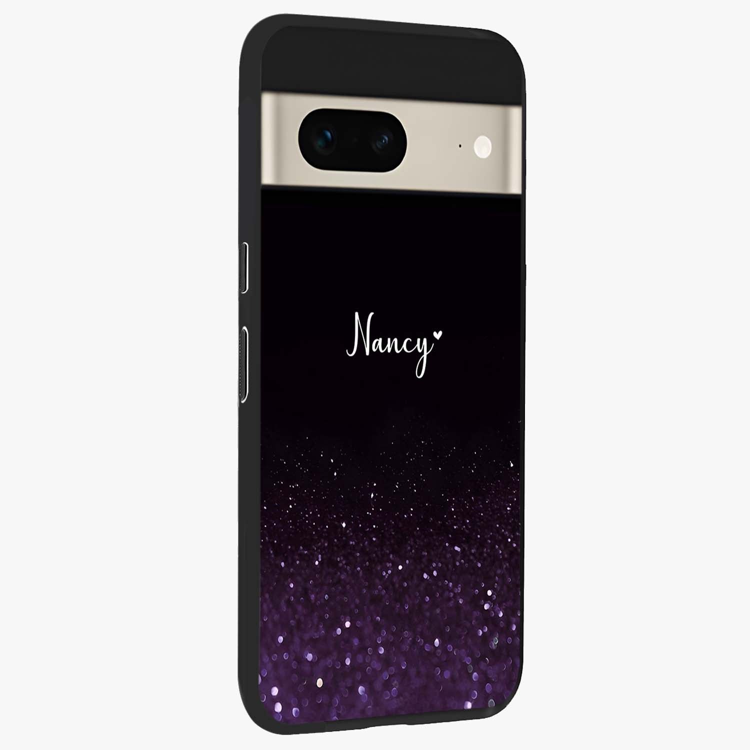 Glittery Purple Bokeh Custom Name Glass Case upright view showcasing vibrant purple sparkle artwork with personalized aesthetic style.