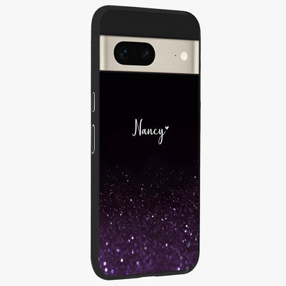 Glittery Purple Bokeh Custom Name Glass Case upright view showcasing vibrant purple sparkle artwork with personalized aesthetic style.