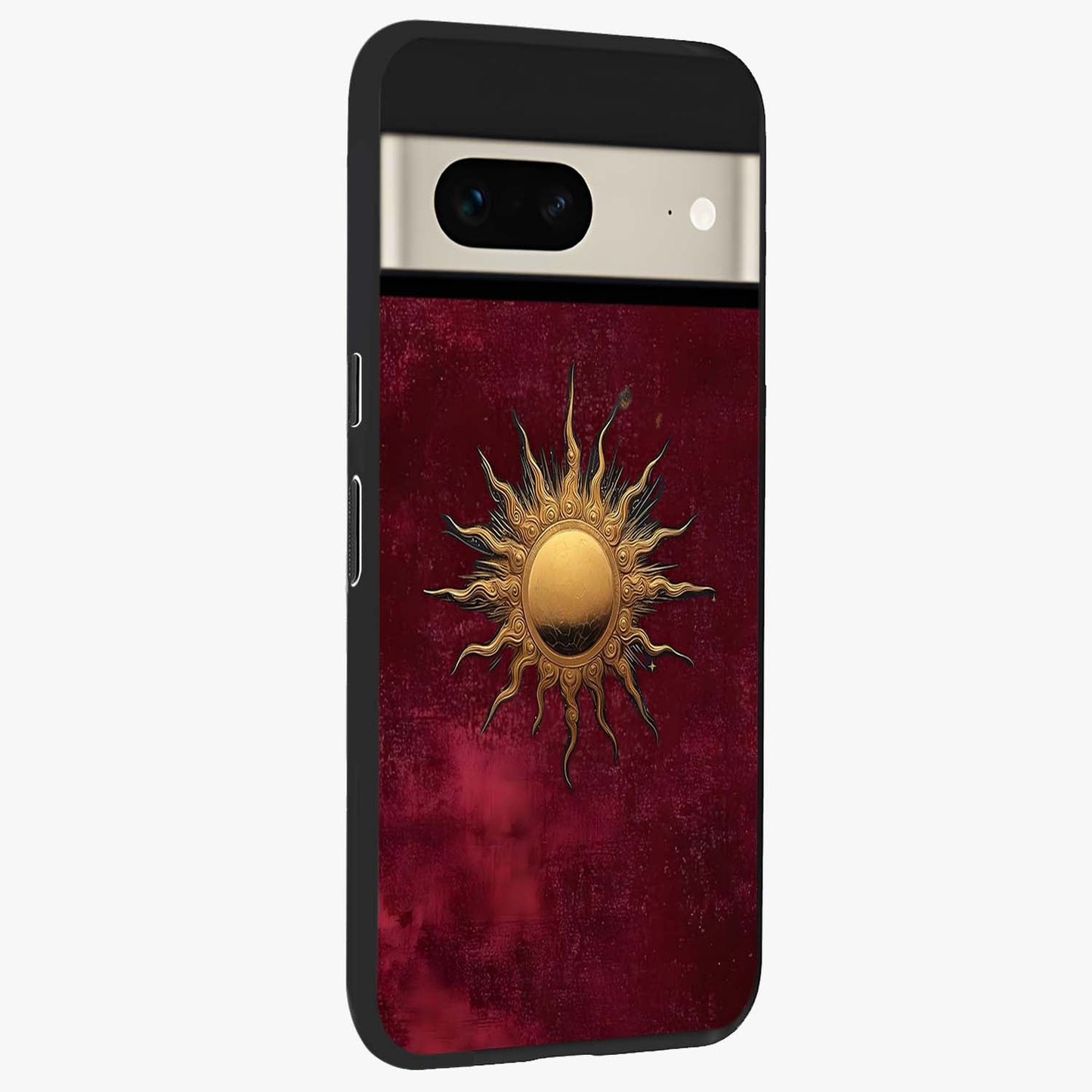 Golden Sun Minimalism Glass Case upright view showcasing simple golden sun artwork with elegant minimalist style.