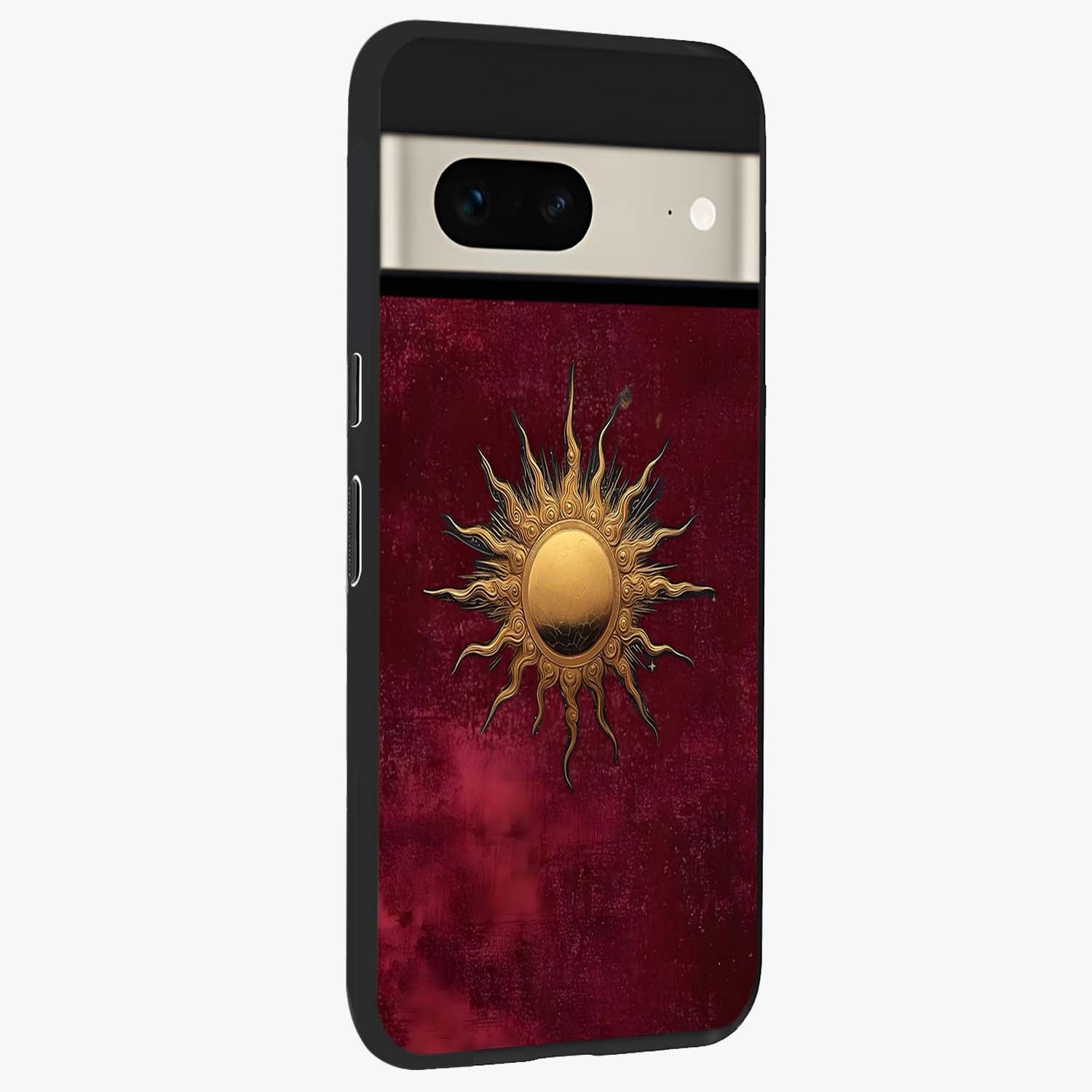 Golden Sun Minimalism Glass Case upright view showcasing simple golden sun artwork with elegant minimalist style.