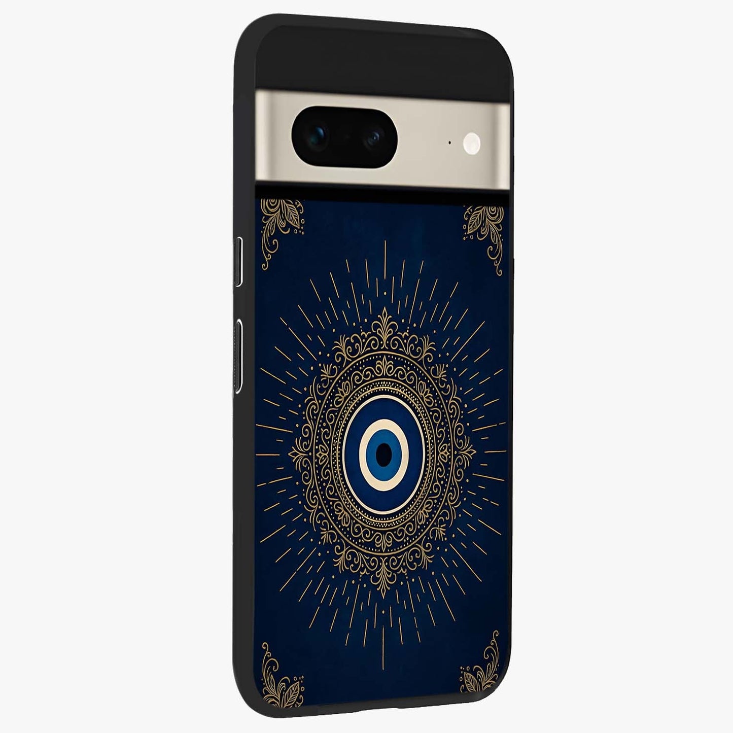 Golden Celestial Charm Glass Case upright view showcasing radiant celestial artwork with elegant golden theme.