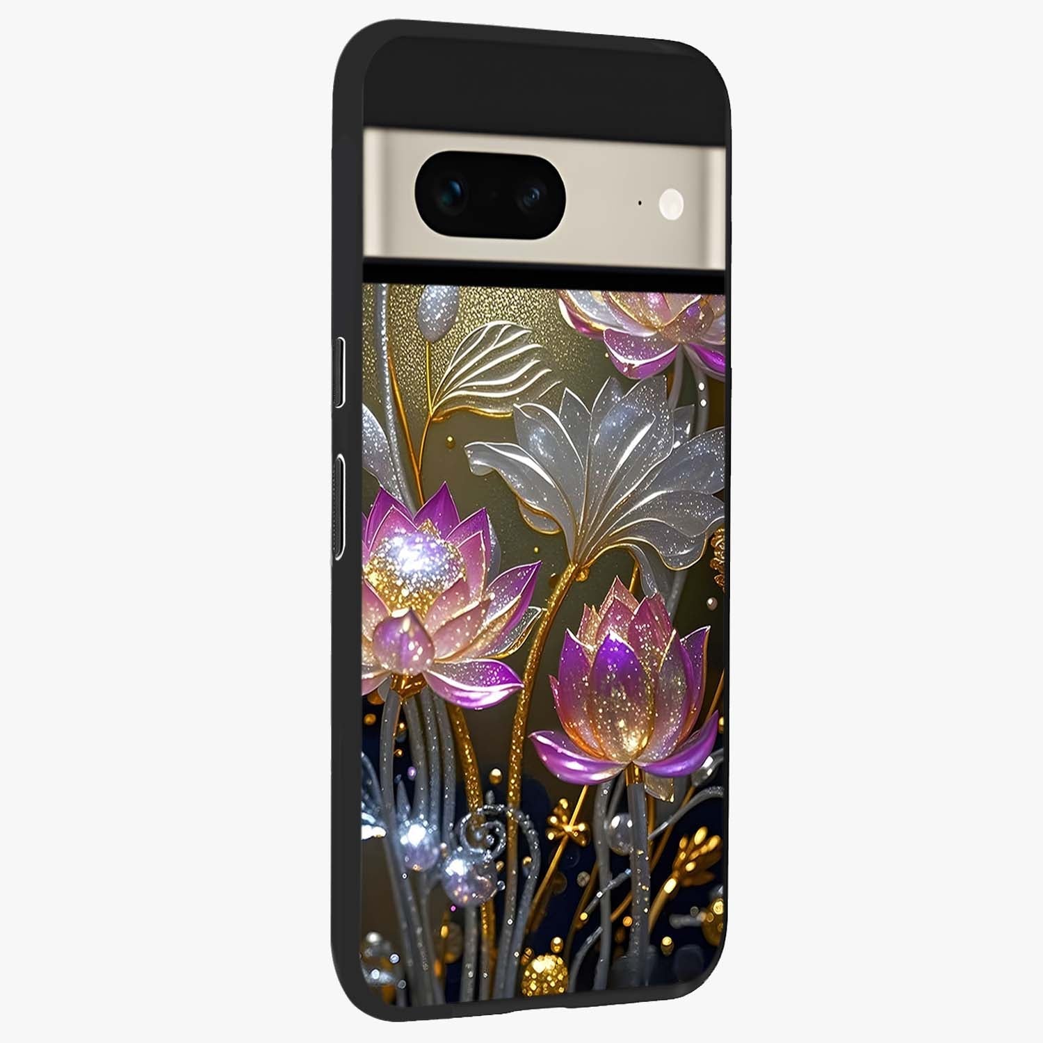 Golden Floral Majesty Glass Case upright view showcasing majestic floral artwork with rich decorative theme.
